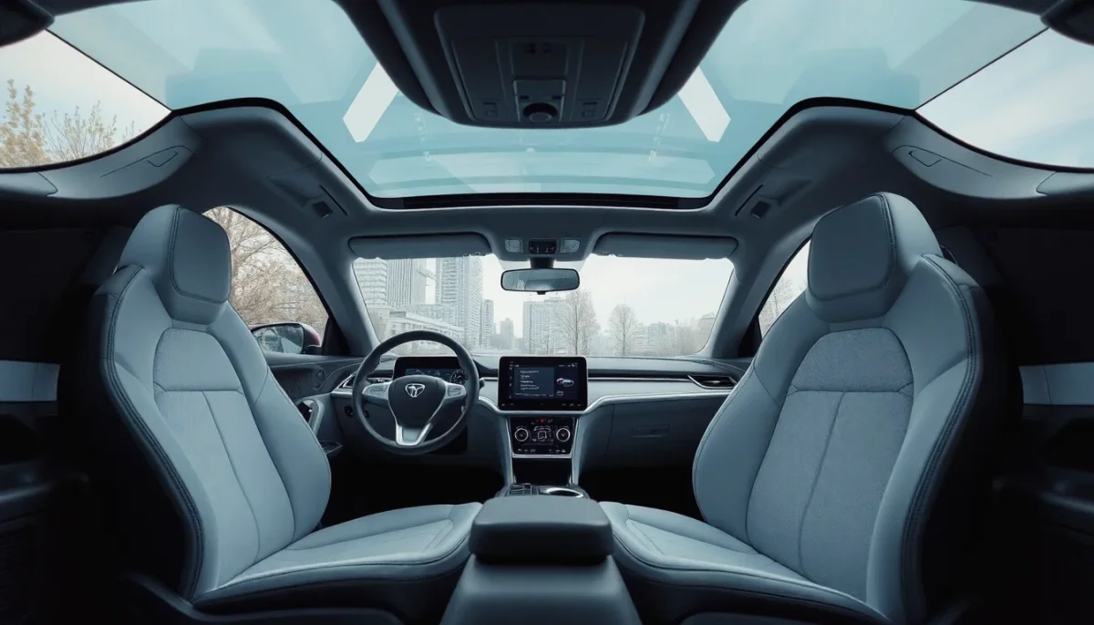 interior de auto eléctrico con asientos cómodos y tecnología avanzada