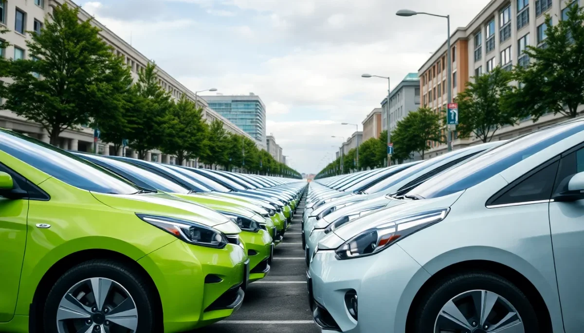 autos eléctricos alineados en una fila en la calle de la ciudad