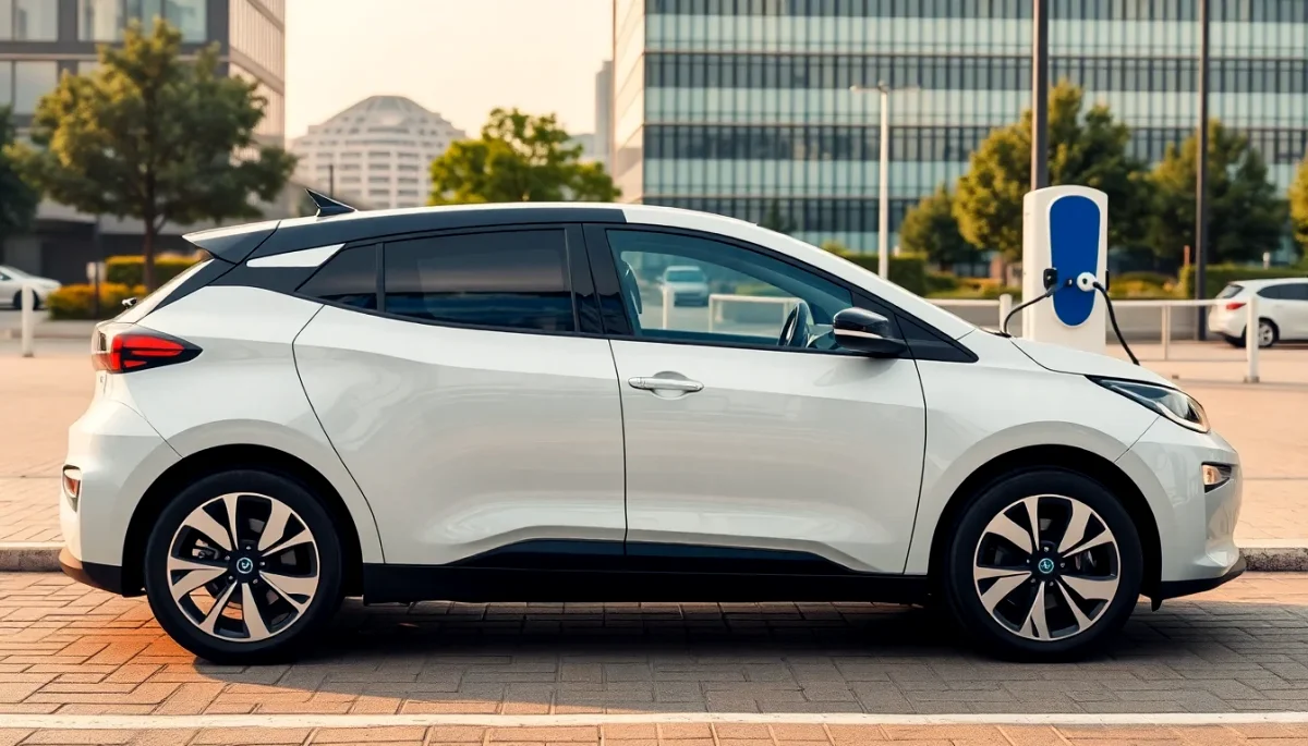 auto eléctrico estacionado en una ciudad moderna con una estación de carga